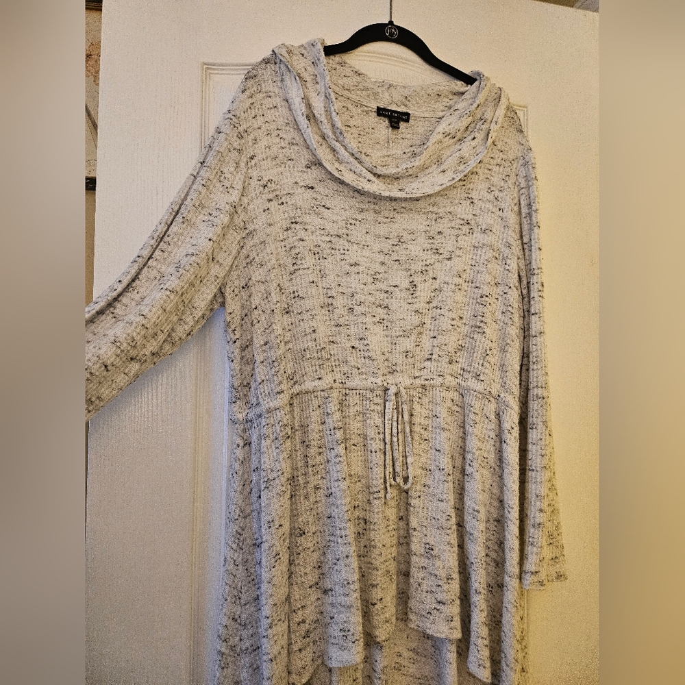 Grey and black speckled cowl neck tunic with drawstring waist from Lane Bryant.